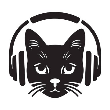 Havalı Kedi Kulaklık Giyen Siluet Vektör İllüstrasyon Tasarımı