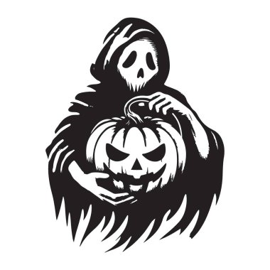 Ürkütücü Cadılar Bayramı Azrail Silueti Kucağında Balkabağı Vektörü İllüstrasyonu