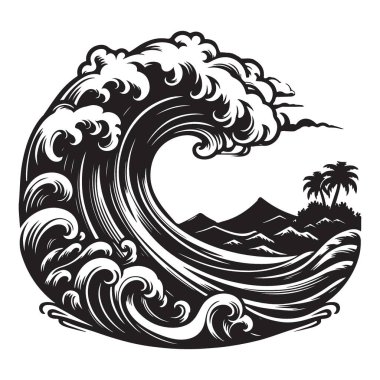 Tropikal Ada Illustration Design ile Dramatik Okyanus Dalgası Vektör Sanatı
