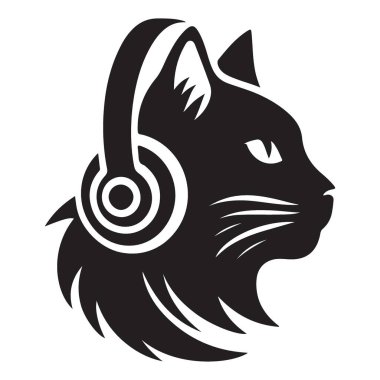 Kulaklıklı Havalı Kedi Silueti Müzik Vektörü İllüstrasyonu Dinliyor