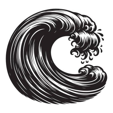 Güçlü Okyanus Dalgası İllüstrasyon Vektör Sanatı Siyah Mürekkep Biçimi