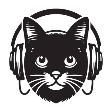 Şirin Kedi Dinleyen Müzik Kulaklıkları Siyah ve Beyaz Vektör İllüstrasyonu