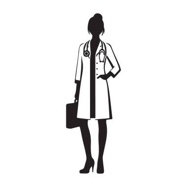 Profesyonel Kadın Doktor İllüstrasyon Vektörü Tıbbi Ceket Silueti Giyiyor