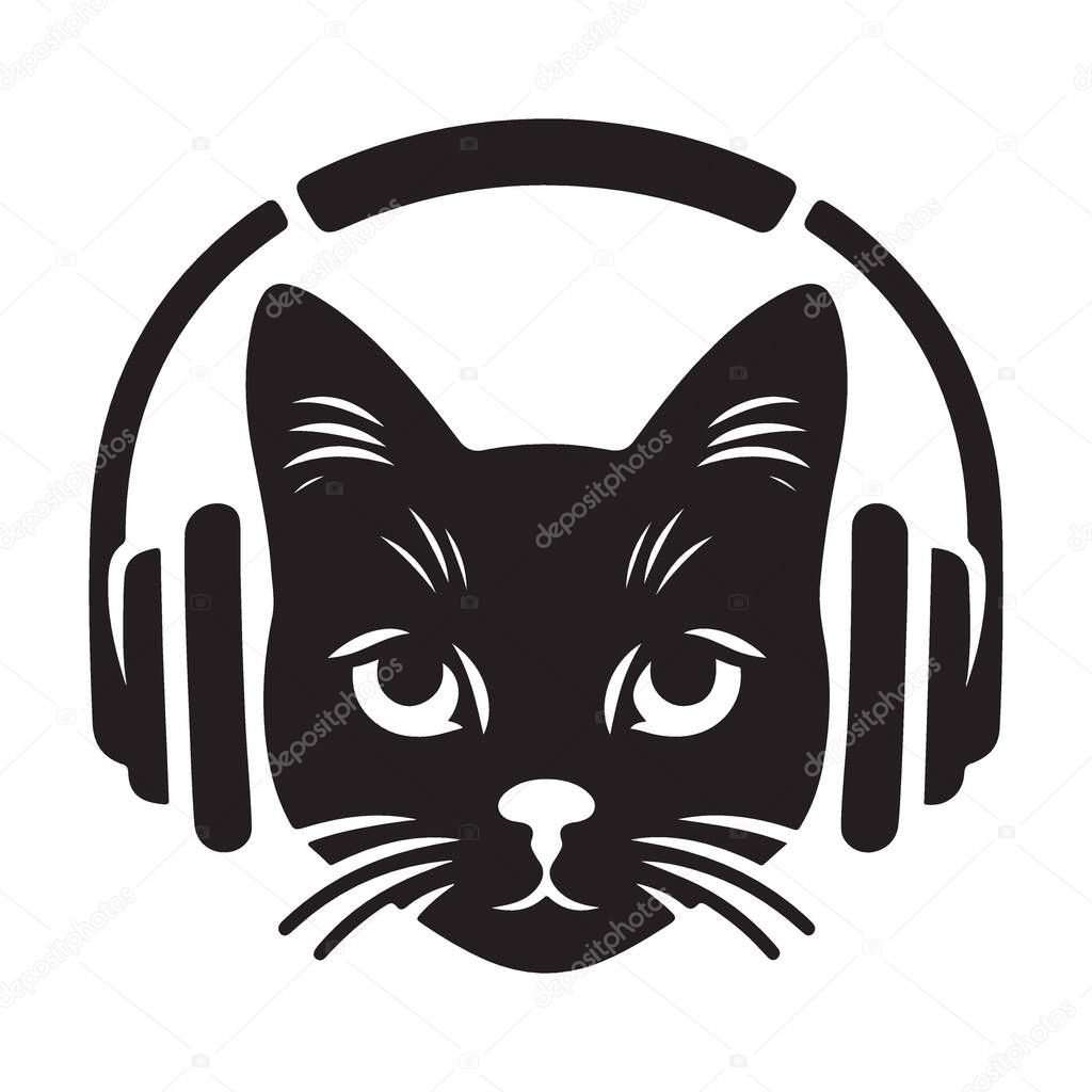 Cool Cat Wearing Headphones Silhouette Vector Illustration Design