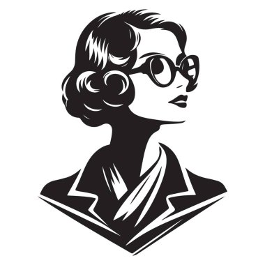 Gözlüklü Retro Kadın Siluet Vektör Sanat Çizimi Tasarımı