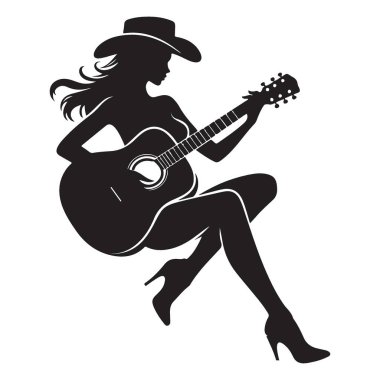 Siluet Country Kovboy Kız Gitarist Müzik Aşıkları için Vektör İllüstrasyonu