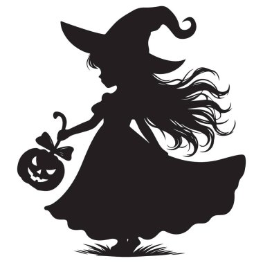 Cadılar Bayramı Cadısı Silüeti Tutan Balkabağı Vektör Sanat Çizimi