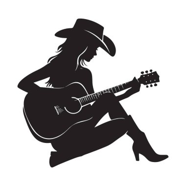 Country Kızı Silueti Gitar Kovboy Kızı Batı Vektör Sanatı Oynuyor