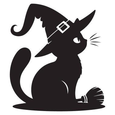 Cadı şapkası silueti tasarımı olan cadılar bayramı kara kedisi.