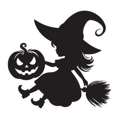 Tatlı Küçük Cadı Süpürgeyle Uçuyor Balkabağı Silüeti Çizimi