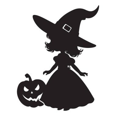 Cadılar Bayramı Tasarımı İçin Tatlı Cadı Silueti ve Balkabağı Vektörü