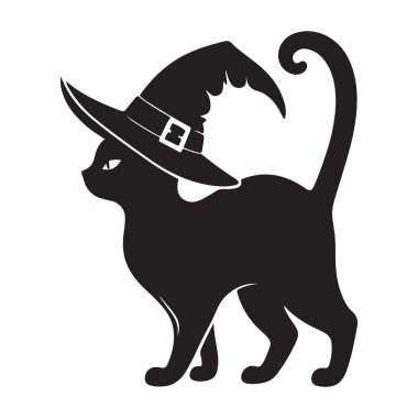 Cadı Şapkası Giyen Şirin Kara Kedi Cadılar Bayramı Vektörü Çizimi