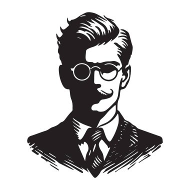 Bıyıklı ve Gözlüklü Klasik Centilmen Siluet Vektör Portresi