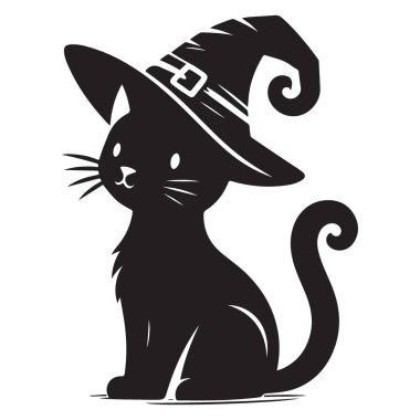 Cadı Şapkalı Şirin Kara Kedi Cadılar Bayramı Siluet Sanatı