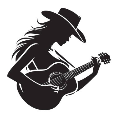 Siluet Kadın Country Şarkıcısı Gitar vektörü Resmini Çalıyor