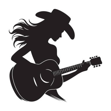 Siluet Güzel Kovboy Kız Müzik Tasarımı İçin Gitar Illustration Çalıyor