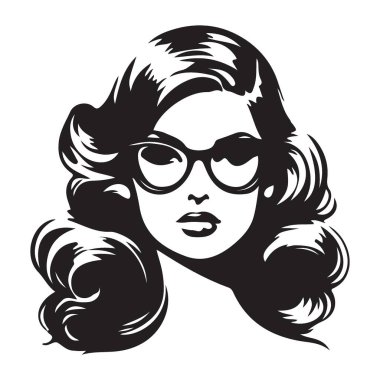 Yuvarlak gözlüklü ve kıvırcık saçlı Retro Glamour Vektör Portresi