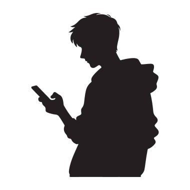 Akıllı telefon silueti kullanan genç metin veya tarayıcı vektör sanatı