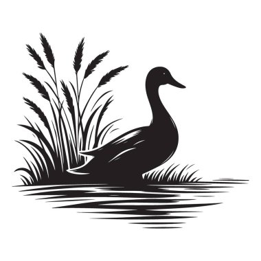 Su Sazlıklarından Ördek Silueti Vahşi Yaşam Vektör İllüstrasyonu