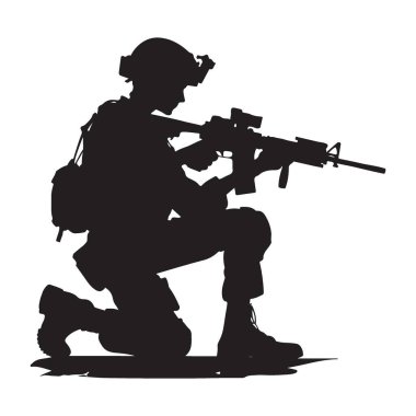 Asker Silueti Silah Çizim Vektörü Grafiğiyle Çömeldi