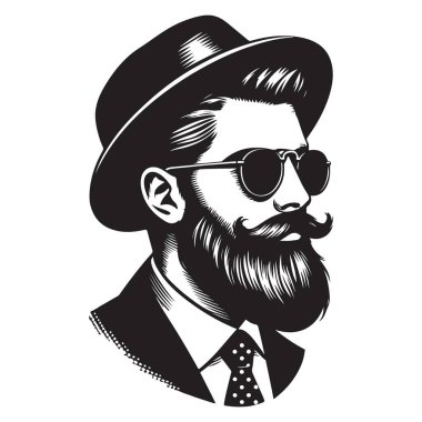 Şapkalı ve Sakallı Hipster Centilmen Siluet Vektör Portresi