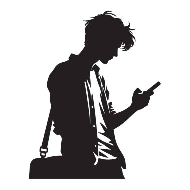 Omuz çantası vektörlü cep telefonu kullanan genç silueti