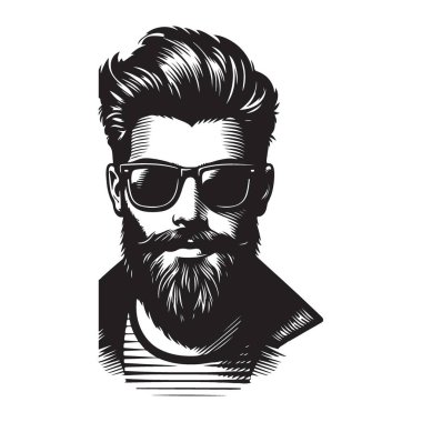 Sakallı ve Güneş Gözlüklü Şık Adam Siluet Vektör İllüstrasyonu