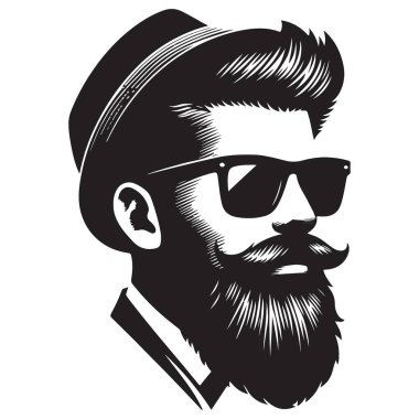 Şapkalı ve Gözlüklü Zarif Sakallı Adam Siyah Vektör Çizimi