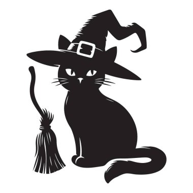 Cadı Şapkası Silueti Vektör Grafik Cadılar Bayramı 'na sahip Kara Kedi