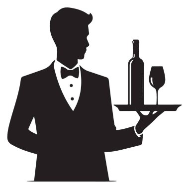 Restoranlar için Şık Garson Silueti Şarap Vektörü Sanatı