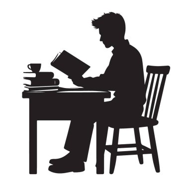 Silüet resimlerini okuyan adam tasarım çalışıyor ve öğreniyor.