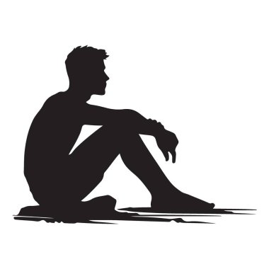 Siluet Adam Tek Başına Otururken Düşünen Vektör İllüzyon Tasarım Sanatı