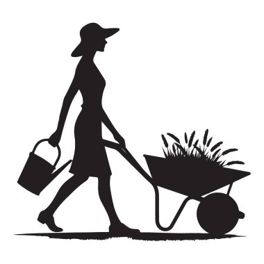 El Arabası Vektör İllüstrasyonlu Siluet Kadın Bahçesi