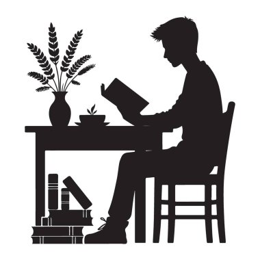 Siluet Adam Buğday Sapığı Çizimi ile Kitap Okuyor