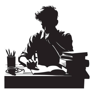 Kitap ve Kahveyle Çalışan Adam 'ın Silueti