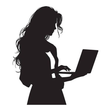 Laptop Vektör Tasarımı Kullanan Kadın Silüeti