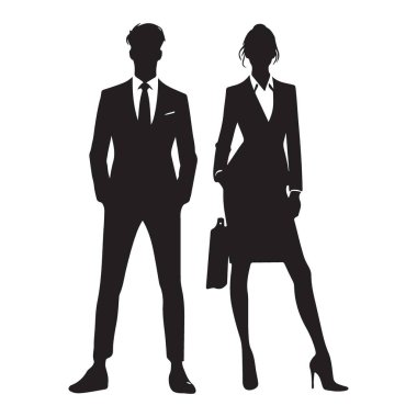 Resmi giysiler içinde duran iş adamı ve kadın silueti.