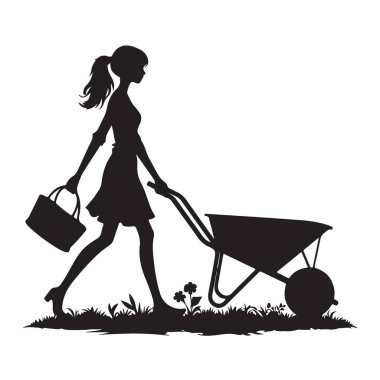 Zarif kadın silueti, bahçe işleri el arabası çiçekleri, çimenler, profesyonel bahçıvan imajı.