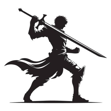 Kılıç silueti olan savaşçı fantezi aksiyon karakterine saldırmaya hazır.