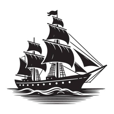 Yelkenli gemi silueti ve yelkenli yelkenli okyanus yolculuğu vektörü