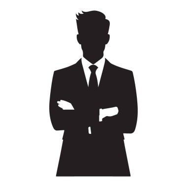 Takım elbiseli iş adamı silueti, çapraz kollu profesyonel pozlar.