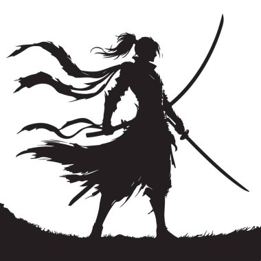 Katana Bıçak Vektör Resimli Siluet Savaşçısı Sanat Görüntüsü