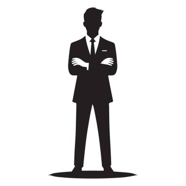 Kendinden emin iş adamı silüeti başarı için kollarını kavuşturmuş duruyor.