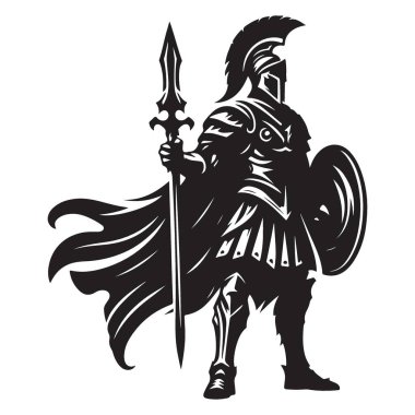 Spartalı savaşçı illüstrasyonu tarihi tasarım için mızrak ve kalkan kullanıyor.