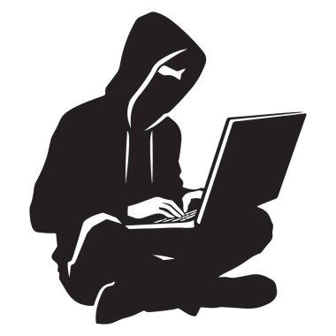 Çevrimiçi güvenlik kavramı için dizüstü bilgisayarı olan hacker siluet vektörü