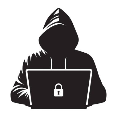 Siber güvenliğe saldıran bir hackerın siluet vektör çizimi