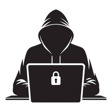 Anonim Hacker Silueti Kilit Simgesi ile Laptop Güvenliğini Kullanıyor