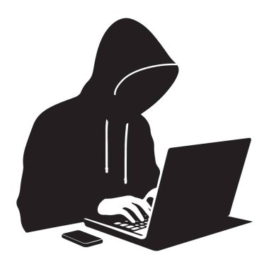 Siber Güvenlik için Laptop Vektör Grafikli Hacker Silueti