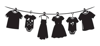 Çamaşır ipinde Bebek Giysileri Asılı Vektör Resimleri Tasarım Sanatı