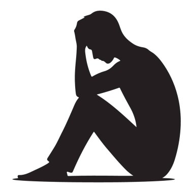 Siluet Üzgün Adam Oturan Vektör İllüstrasyon Tasarım Depresyon Konsepti